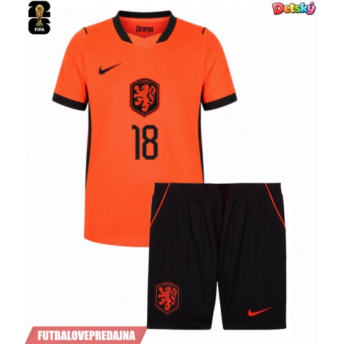Lacne Dětský Futbalové dres Holandsko Donyell Malen #18 MS 2026 Krátky Rukáv - Domáci (+ trenírky)